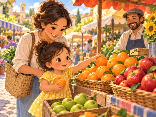 Child and parent choosing fruit at a market