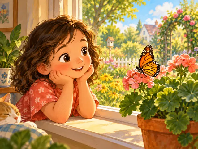 Child watching a butterfly from a sunny window